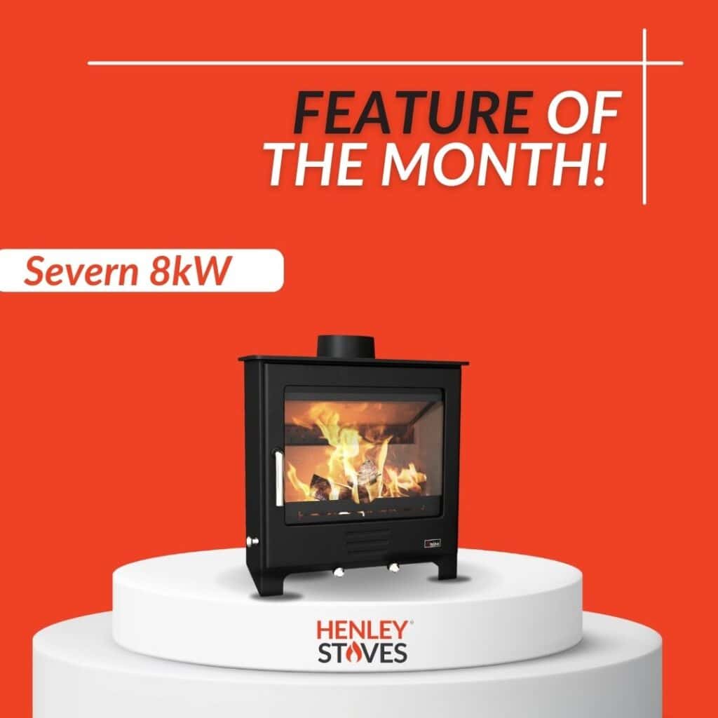 Bold red social media feature post created by Seaweed Digital in Kerry for Henley Stoves showcasing the Severn 8kW stove.