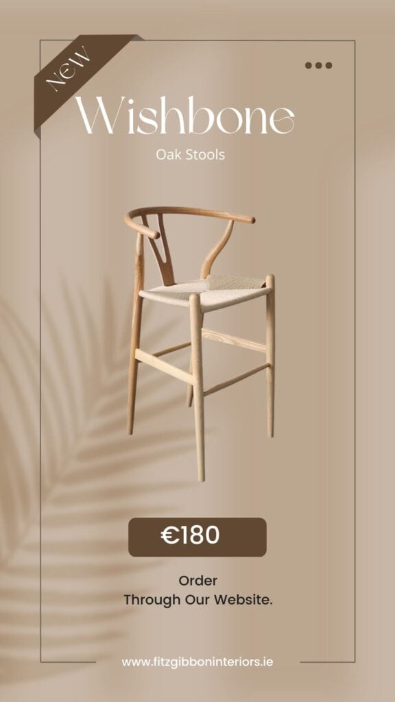 Social media product promotion created by Seaweed Digital for Fitzgibbon Interiors, featuring a stylish oak wishbone bar stool on a modern beige background.