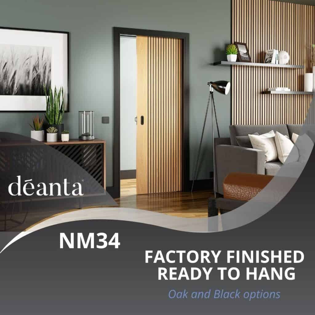 Seaweed Digital promotional design for Deanta Doors highlighting NM34 Oak pocket door, factory finished and ready to hang.