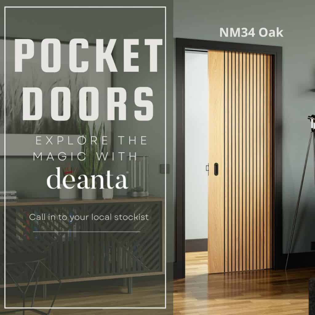 Seaweed Digital social media design for Deanta Doors featuring NM34 Oak pocket door in a modern styled living room.