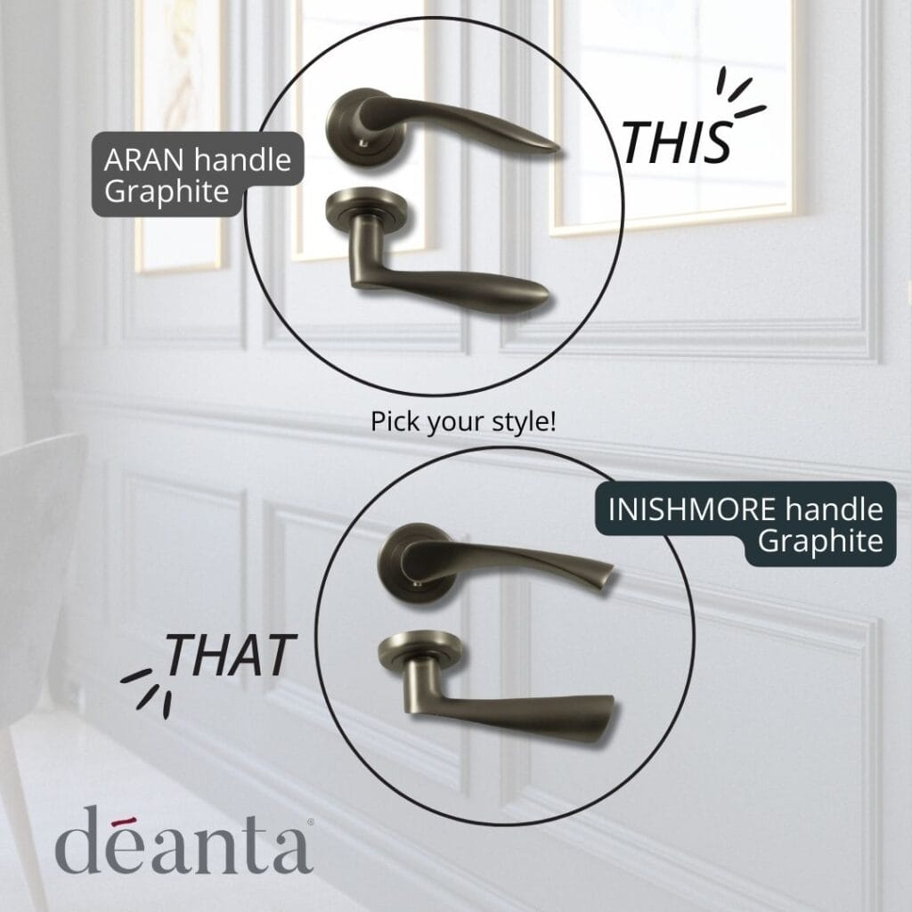Interactive “This or That” social media post created by Seaweed Digital for Deanta Doors, comparing graphite Aran and Inishmore handles.