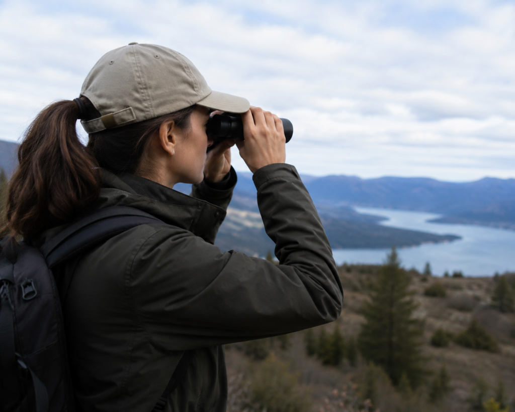 Woman looking through binoculars